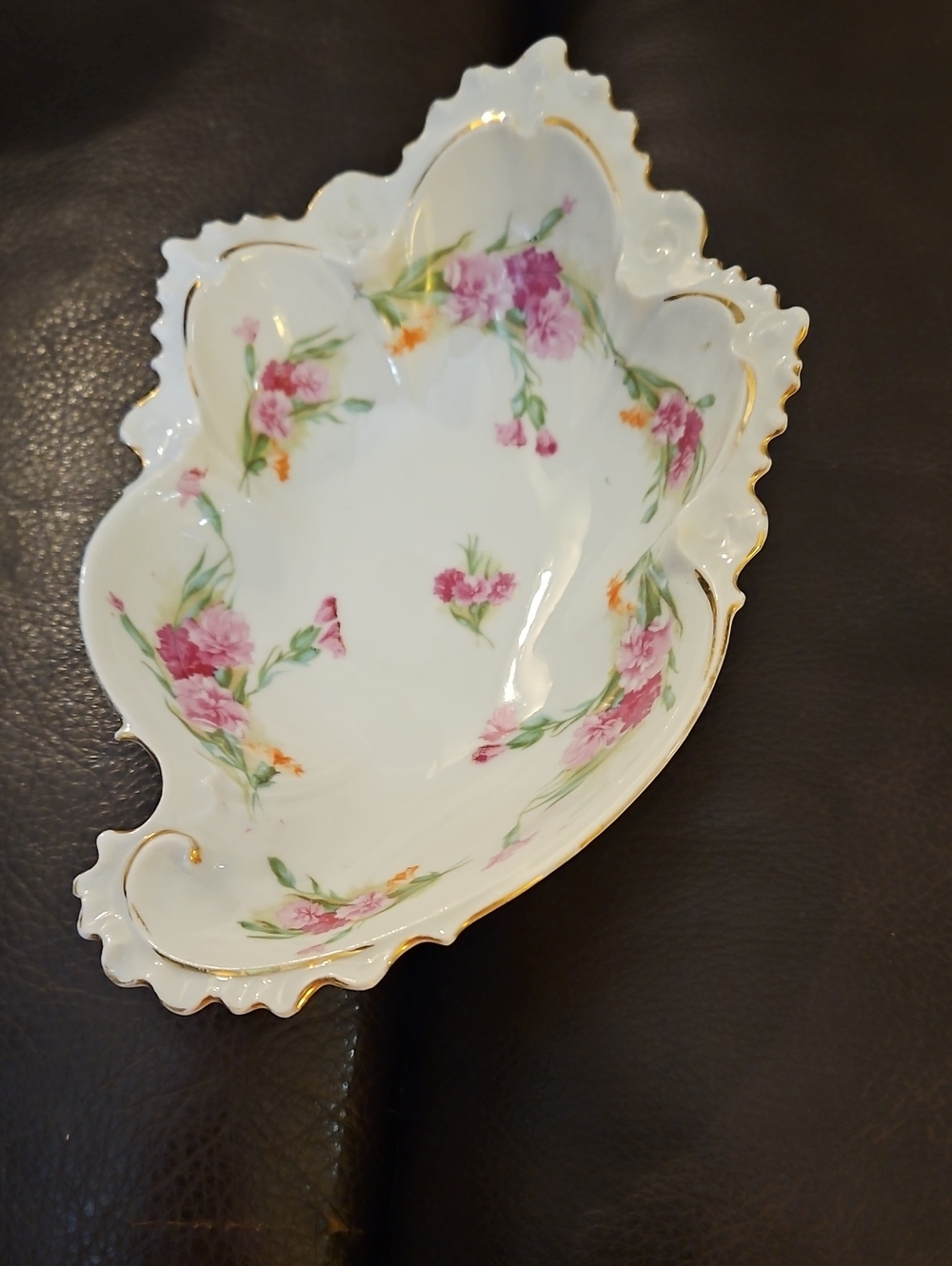 Antique MZ Austria Bone Dish Bowl, Pink Roses, Scalloped Edge, porcelain